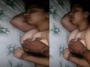 Sleeping wife big boobs pressed by husband